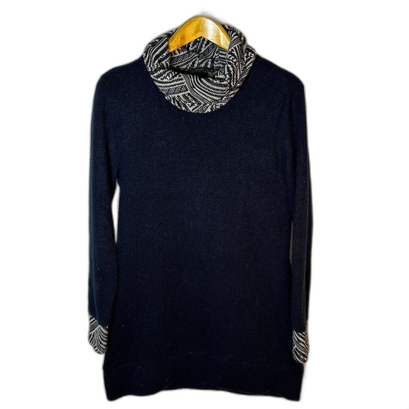 THML Navy Blue Sweater Knit LS Short Dress With Geometric Cowl Neck Size L - Picture 2 of 13